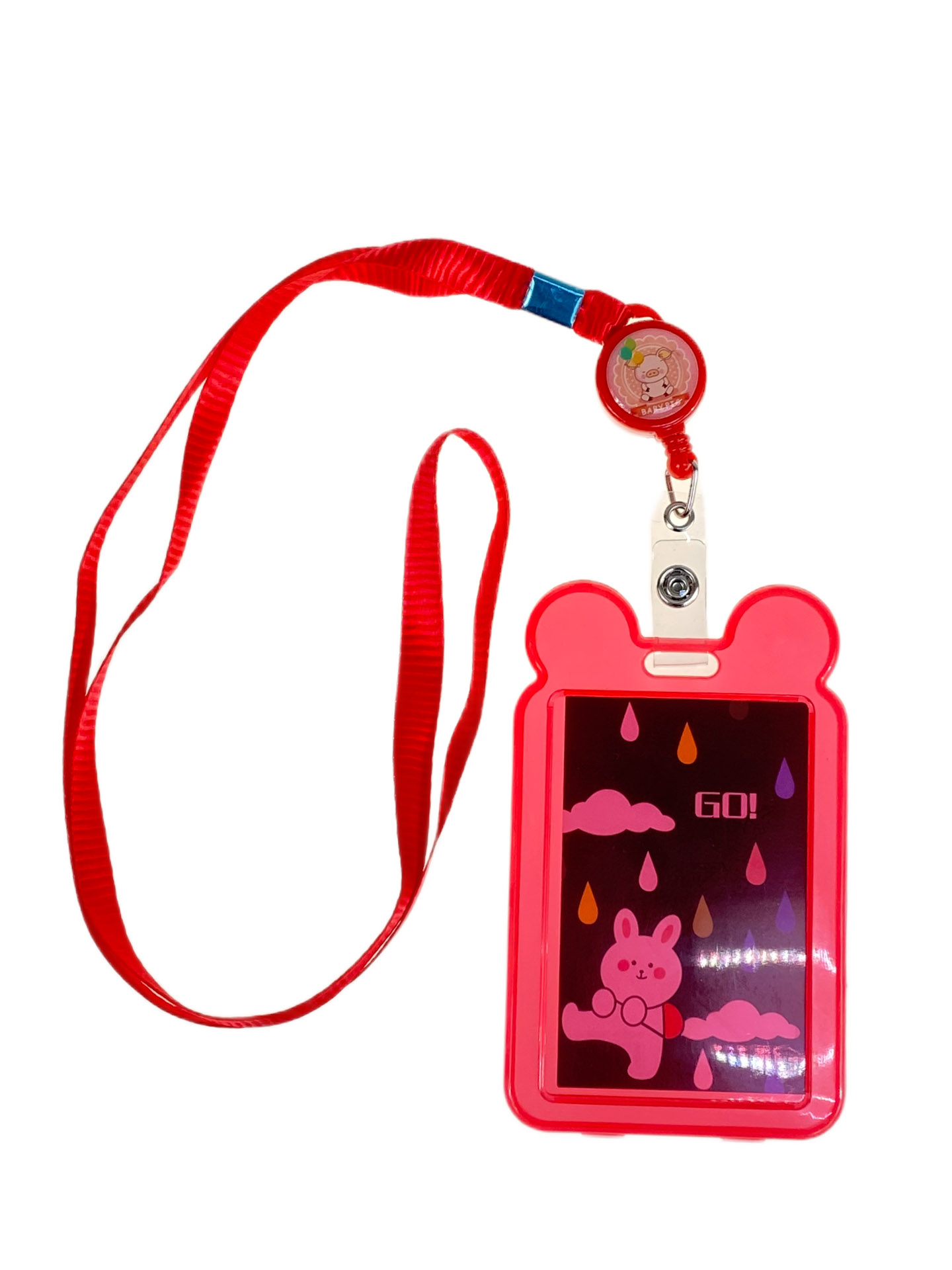 На фото 1 - Бейдж для пропуска с рулеткой и лентой, цвет красный