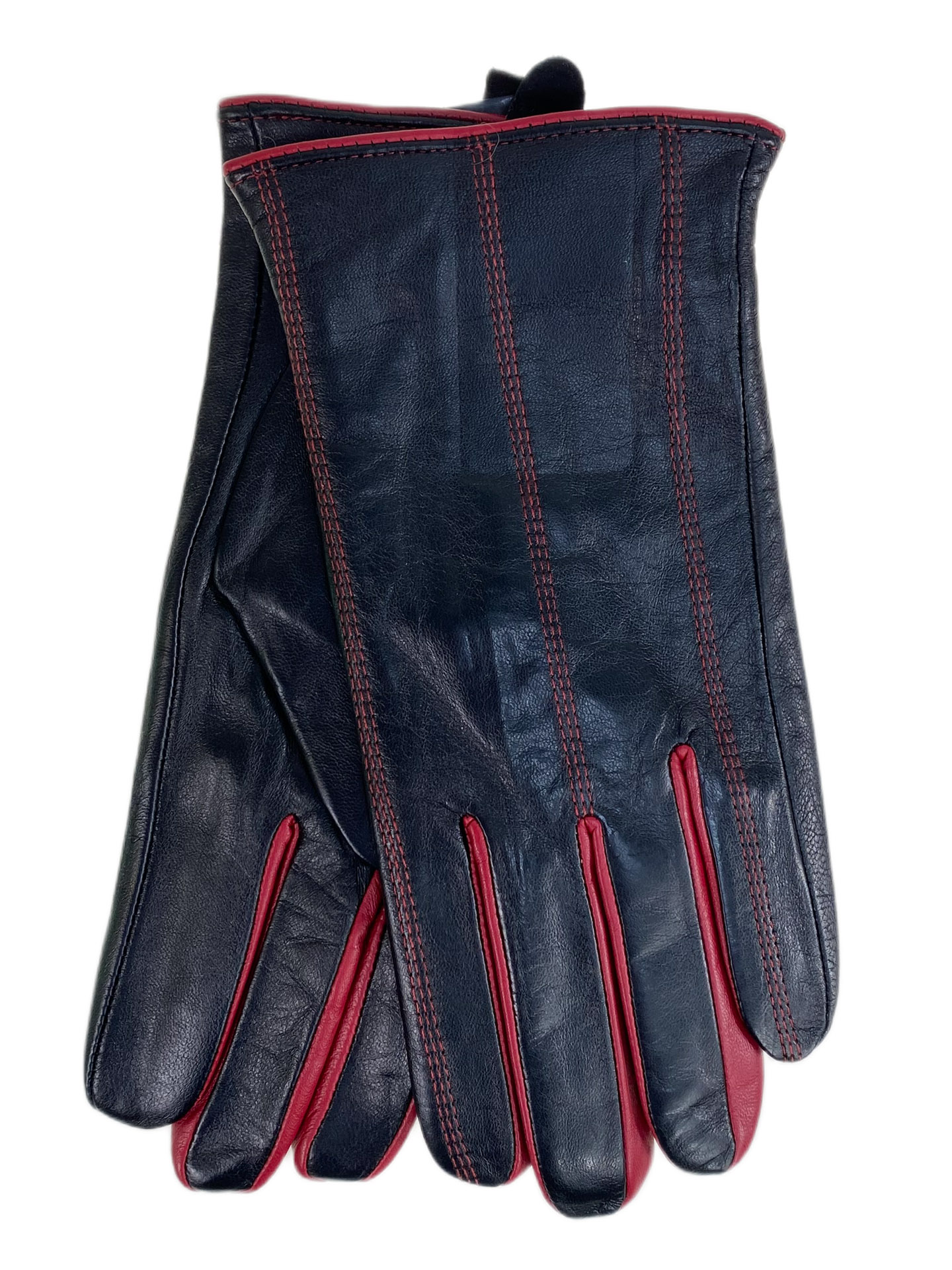 На фото 1 - Женские  демисезонные перчатки из натуральной кожи, цвет черный с красным На фото 1 - Женские  демисезонные перчатки из натуральной кожи, цвет черный с красным