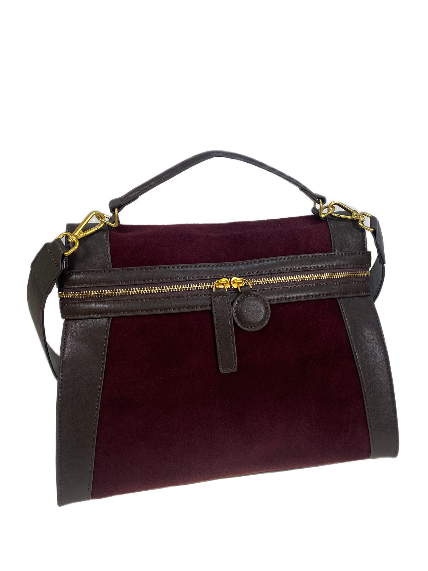 На фото 1 - Женская сумка из натуральной замши и кожи, цвет бордовый с коричневым