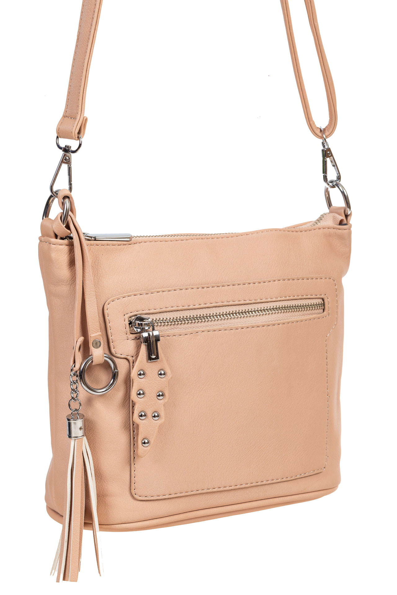 На фото 1 - Сумка cross-body из мягкой искусственной кожи с подвесками, цвет розовый На фото 1 - Сумка cross-body из мягкой искусственной кожи с подвесками, цвет розовый