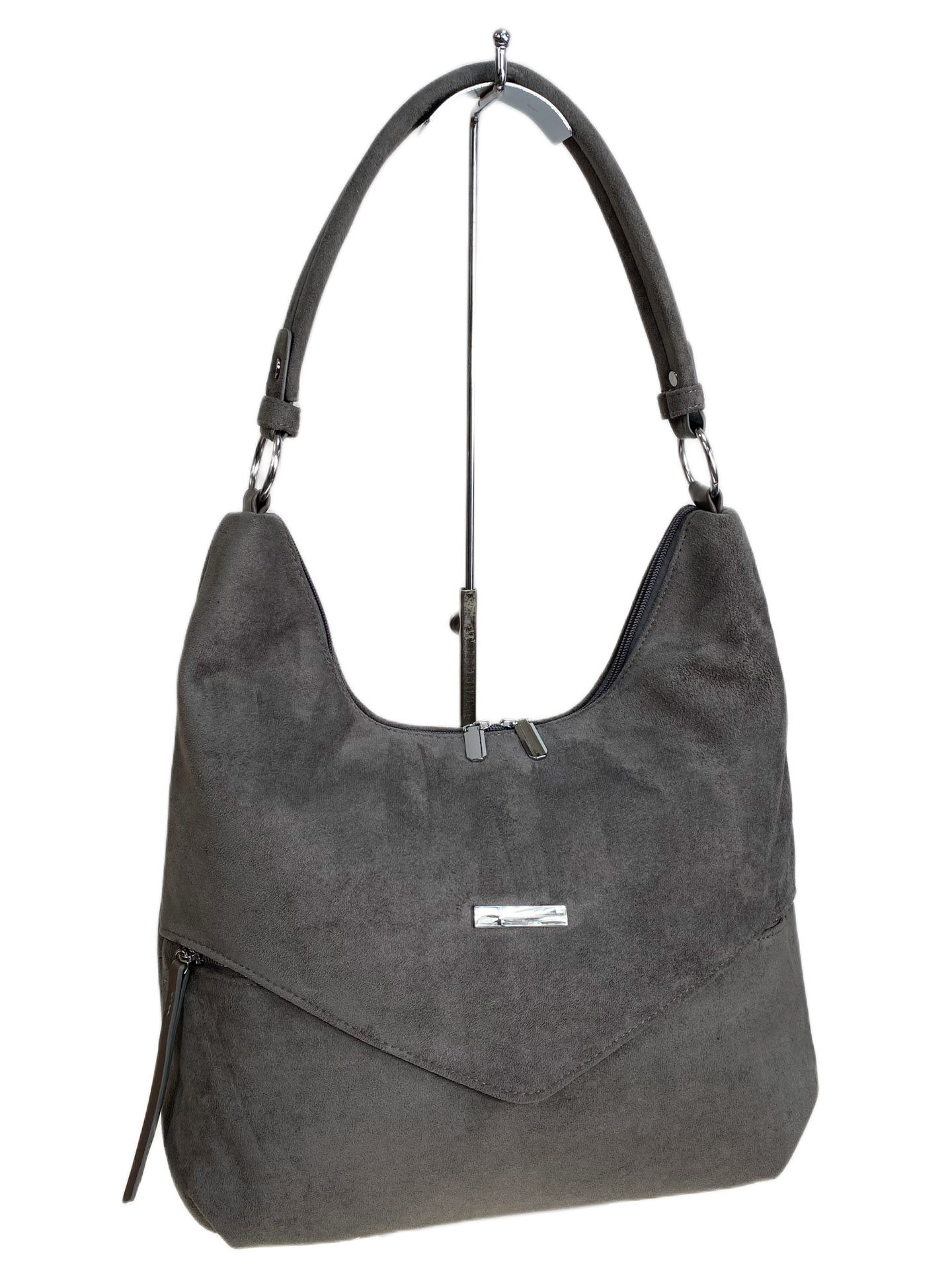 На фото 1 - Женская сумка из искусственной замши, цвет серый На фото 1 - Женская сумка из искусственной замши, цвет серый