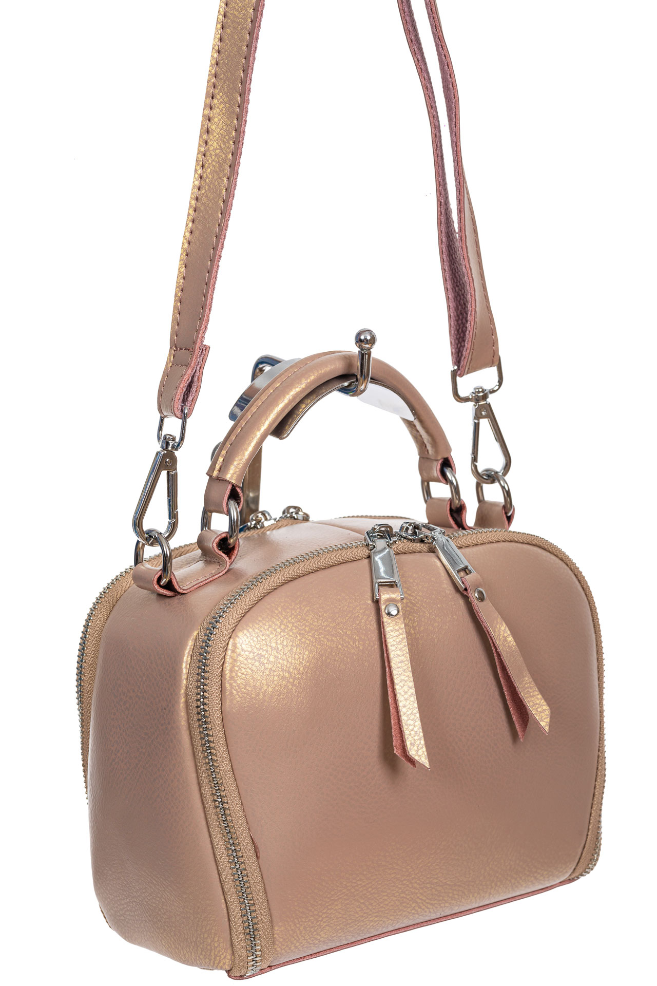 На фото 1 - Женская cross-body из натуральной кожи, цвет розовый с перламутром На фото 1 - Женская cross-body из натуральной кожи, цвет розовый с перламутром