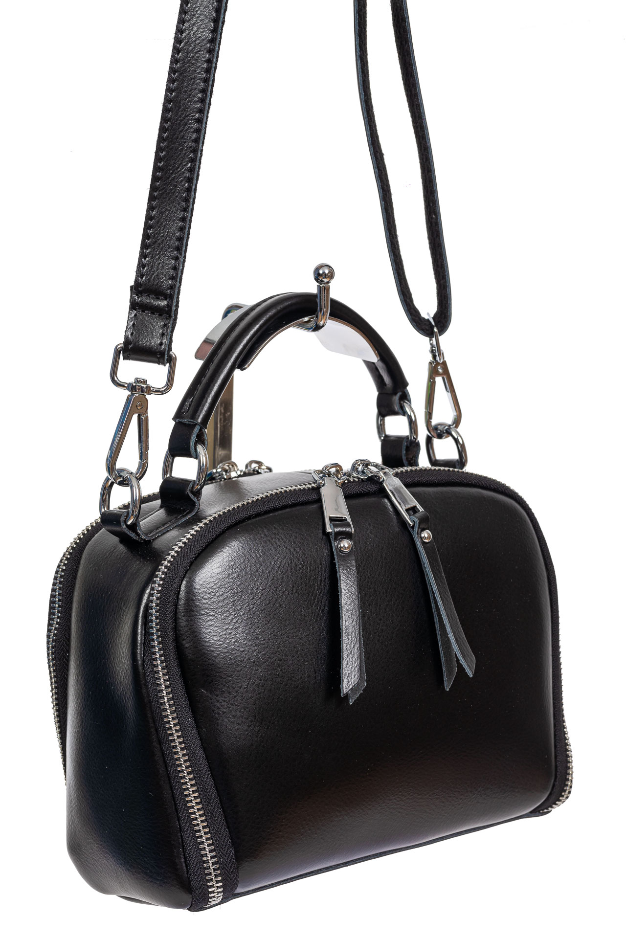 На фото 1 - Женская cross-body из натуральной кожи, цвет чёрный На фото 1 - Женская cross-body из натуральной кожи, цвет чёрный